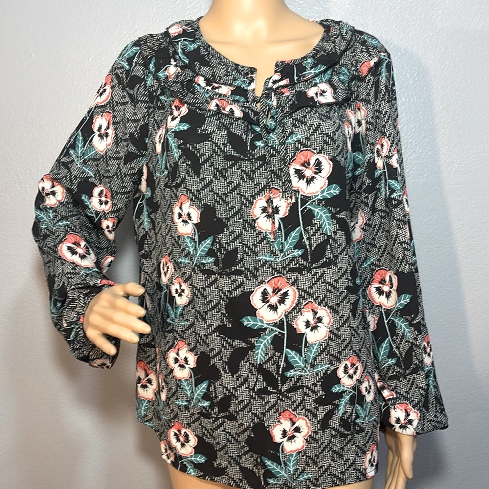 By Design Semi Sheer Bow Tie Neck Ruffle Collar Floral Blouse